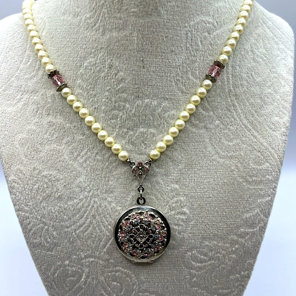 Vintage 1928 Locket Necklace with Pink Blue Rhinestones Silver Tone Faux Pearls